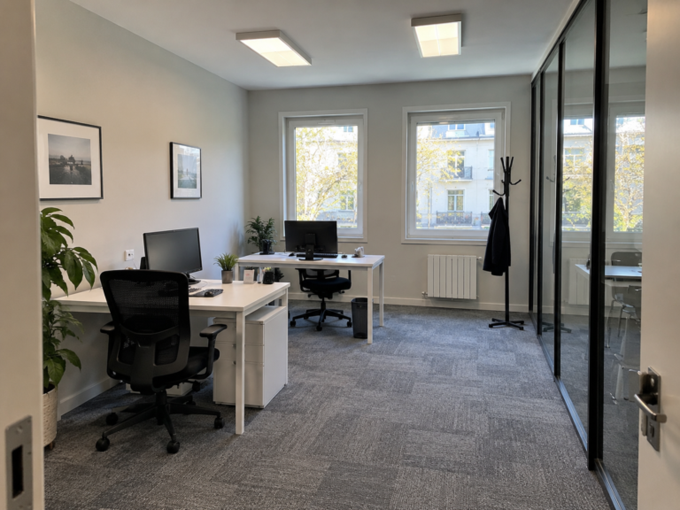 Exemple d’aménagement de bureaux à Paris avec cloisons vitrées et éclairage LED — vue 1