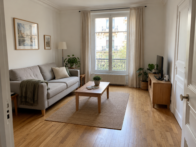Exemple de rénovation d’appartement à Paris : séjour aux murs clairs et parquet en chêne — vue 1