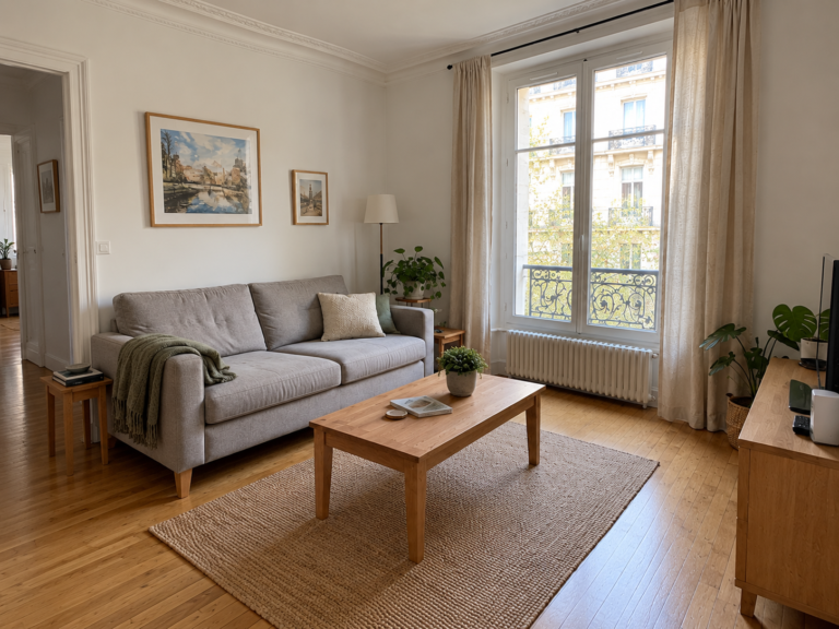 Exemple de rénovation d’appartement à Paris : séjour aux murs clairs et parquet en chêne — vue 2