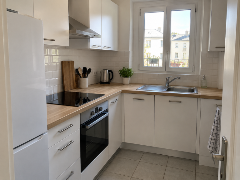 Exemple de rénovation de cuisine à Paris : meubles blancs, crédence et plan de travail en bois — vue 1