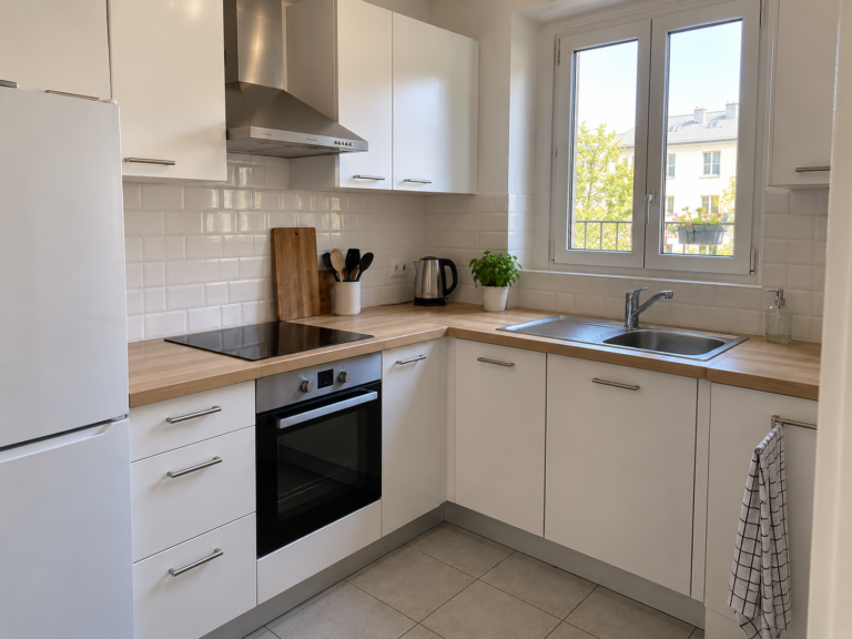 Exemple de rénovation de cuisine à Paris : meubles blancs, crédence et plan de travail en bois — vue 2
