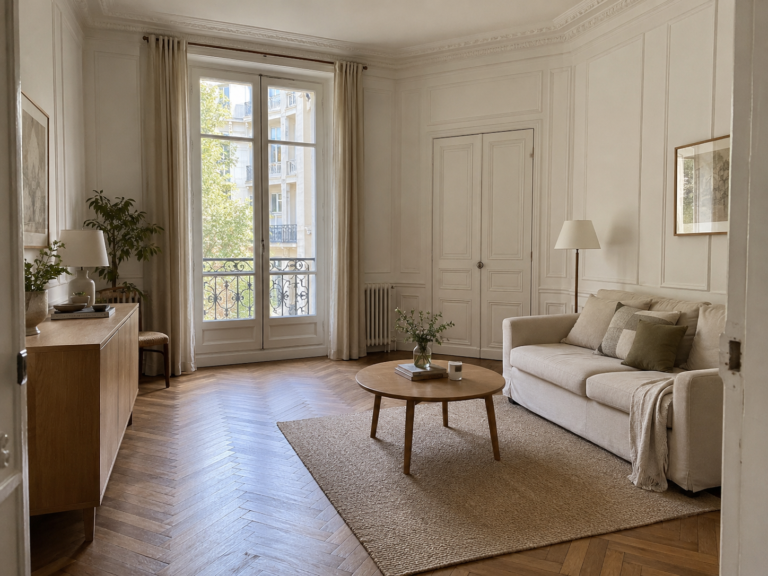 Illustration de finitions intérieures à Paris : moulures sobres et parquet restauré — vue 1