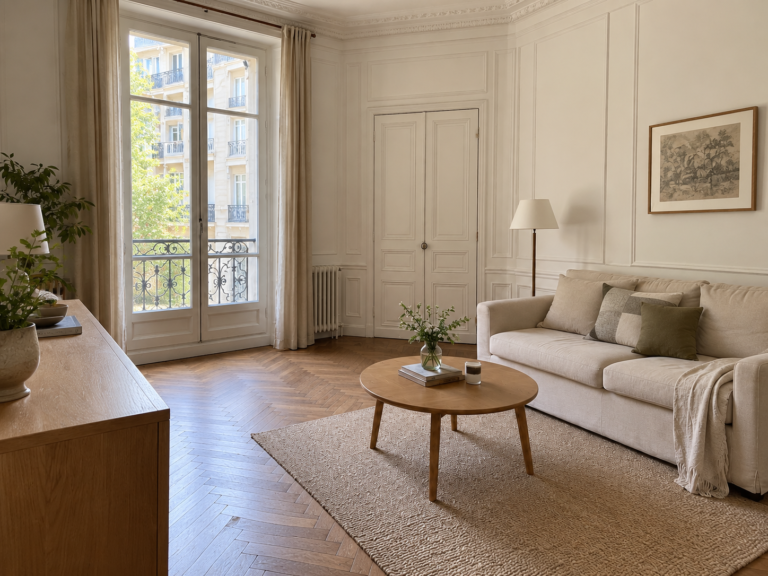 Illustration de finitions intérieures à Paris : moulures sobres et parquet restauré — vue 2