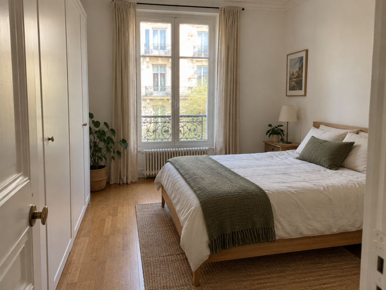 Exemple de rénovation d’appartement à Paris : chambre avec parquet en chêne et rideaux en lin — vue 1