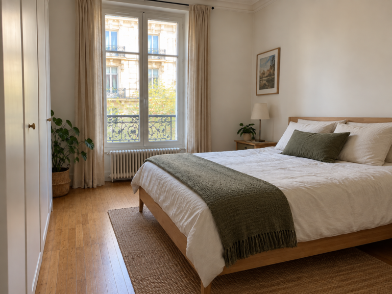 Exemple de rénovation d’appartement à Paris : chambre avec parquet en chêne et rideaux en lin — deuxième angle