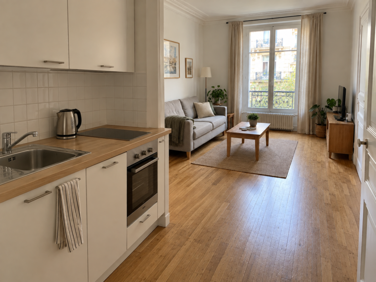 Exemple de rénovation d’appartement à Paris : petite cuisine ouverte sur le séjour avec meubles blancs et plan de travail en bois — vue 1