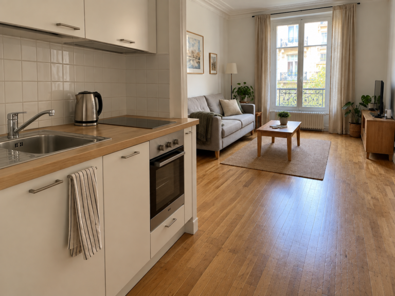 Exemple de rénovation d’appartement à Paris : petite cuisine ouverte sur le séjour avec meubles blancs et plan de travail en bois — deuxième angle