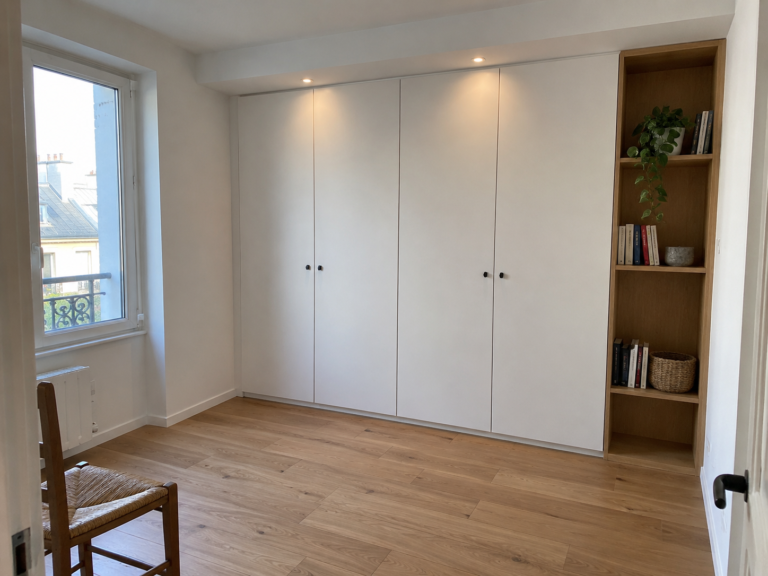 Exemple de menuiserie sur mesure à Paris : placard intégré, niche en bois et faux plafond — vue 1
