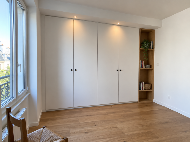 Exemple de menuiserie sur mesure à Paris : placard intégré, niche en bois et faux plafond — vue 2