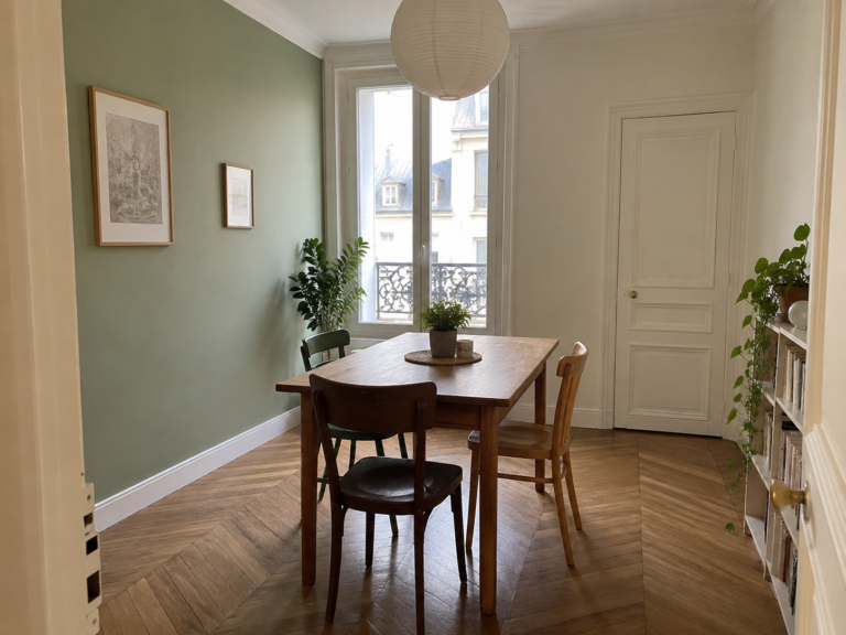 Exemple de peinture intérieure à Paris : mur vert sauge, murs clairs et boiseries blanches — vue 1