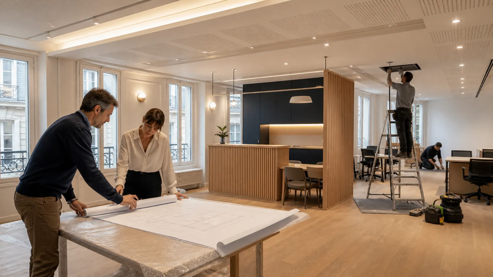 Aménagement de locaux professionnels à Paris — coordination du plan et des finitions