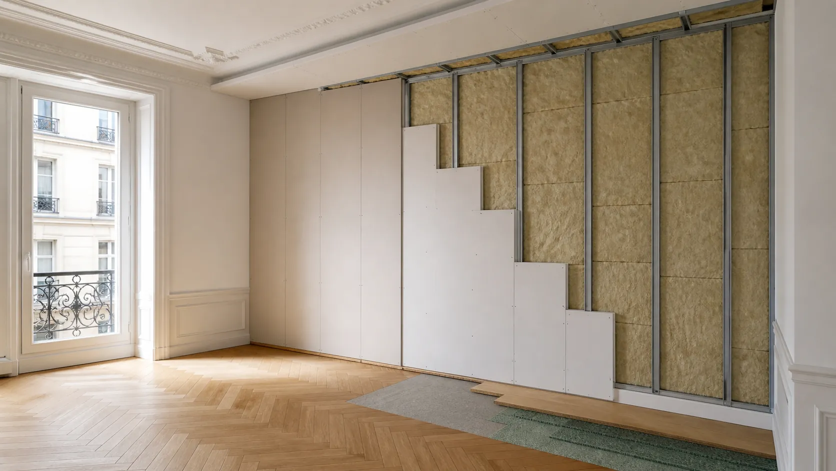 Isolation phonique d’un appartement à Paris sur murs, plafond et parquet