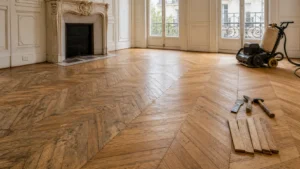 Parquet ancien parisien en point de Hongrie avant et après rénovation