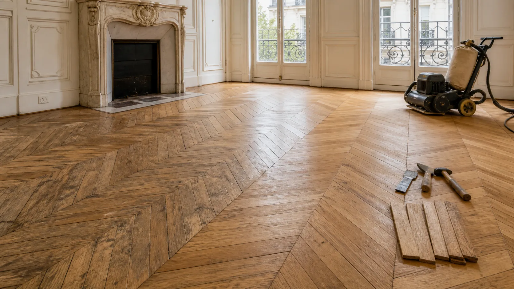 Parquet ancien parisien en point de Hongrie avant et après rénovation