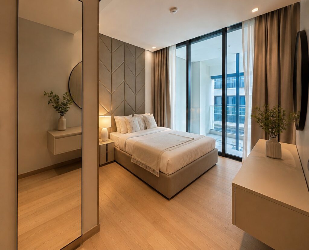 Chambre rénovée à Paris avec tête de lit décorative, parquet et baies vitrées