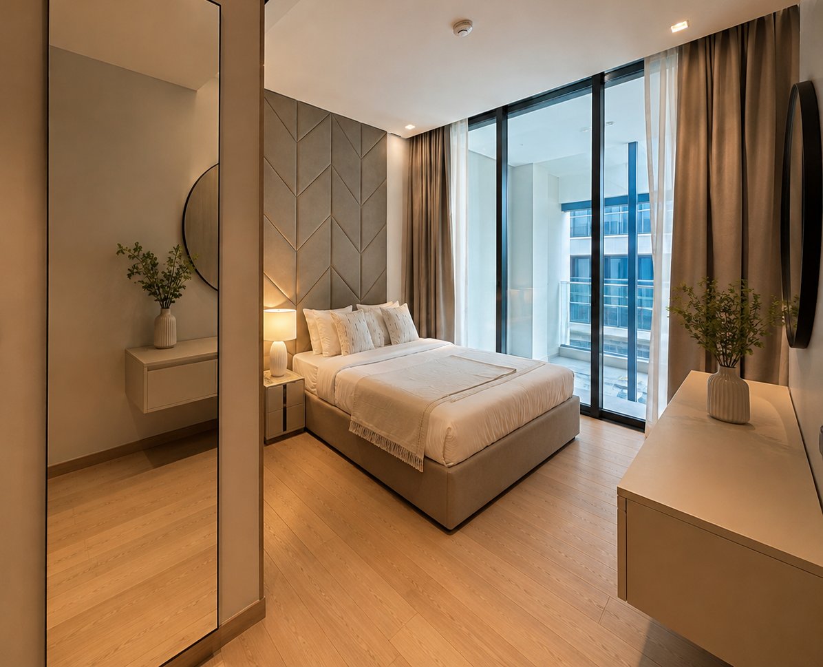 Chambre rénovée à Paris avec tête de lit décorative, parquet et baies vitrées
