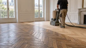 Ponçage d’un parquet ancien en point de Hongrie dans un appartement parisien