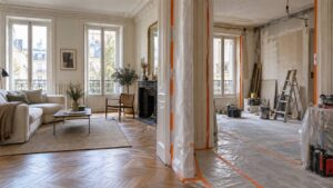 Illustration d’un appartement parisien habité pendant une rénovation organisée pièce par pièce