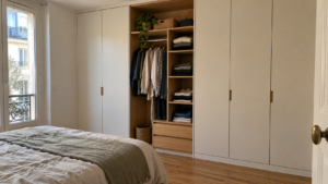 Exemple de dressing intégré dans une petite chambre parisienne avec penderie et étagères en bois