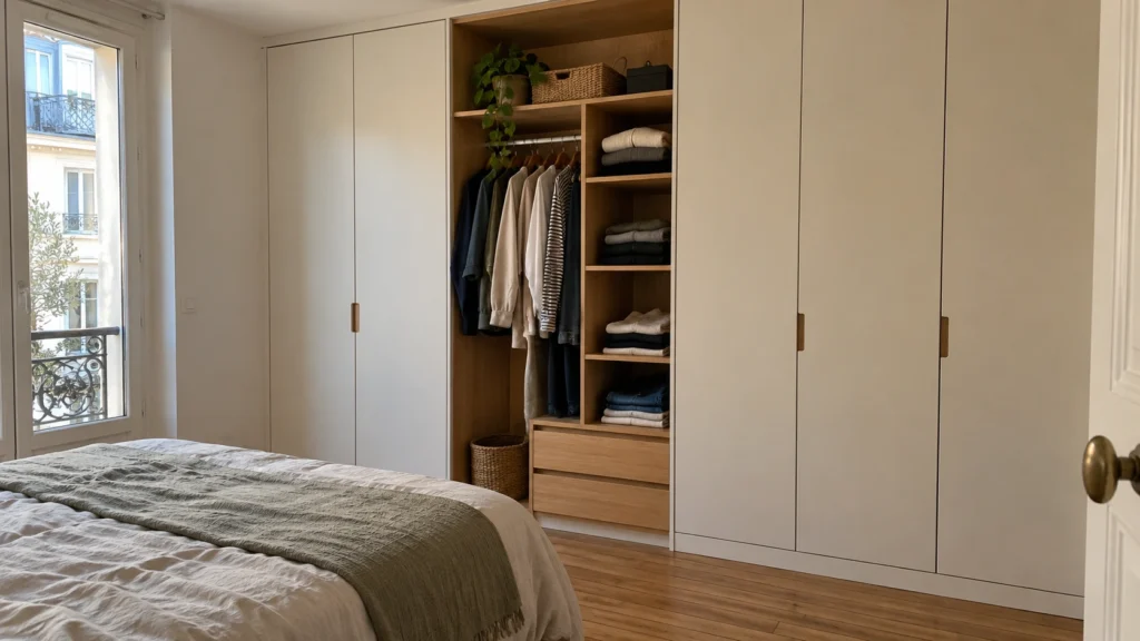 Exemple de dressing intégré dans une petite chambre parisienne avec penderie et étagères en bois