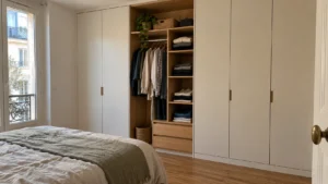 Exemple de dressing intégré dans une petite chambre parisienne avec penderie et étagères en bois