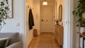 Exemple d’entrée d’appartement parisien avec rangement à chaussures, miroir et patères