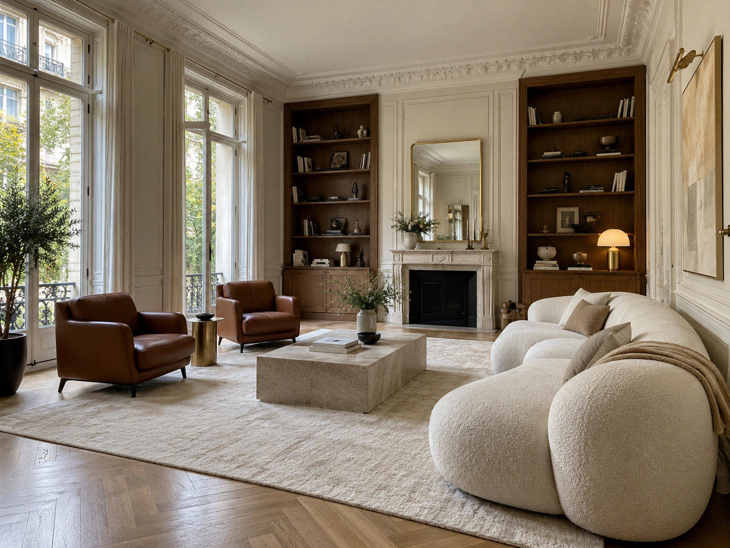 Salon haut de gamme avec parquet, cheminée et bibliothèque en noyer — exemple d’aménagement, vue 1