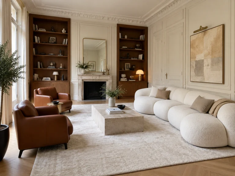 Salon haut de gamme avec parquet, cheminée et bibliothèque en noyer — exemple d’aménagement, vue 2